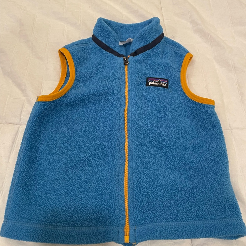 Patagonia Kids Vest in Sky Blue with Mustard Trim